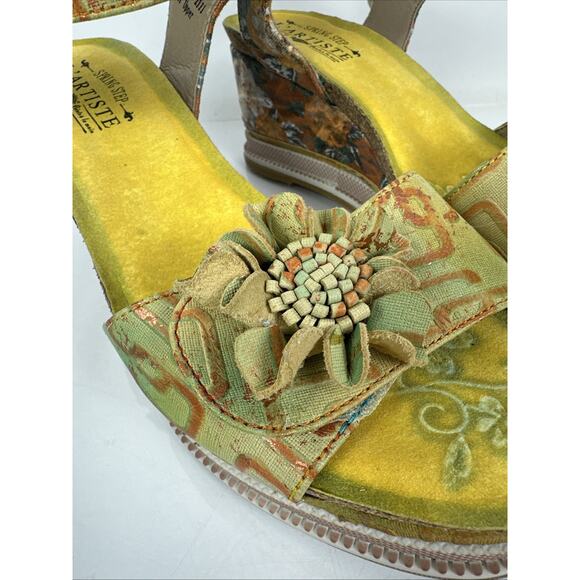 L’Artiste Spring Step 3D Floral Geo Wedge Size 40 Green Orange Yellow - Picture 2 of 16